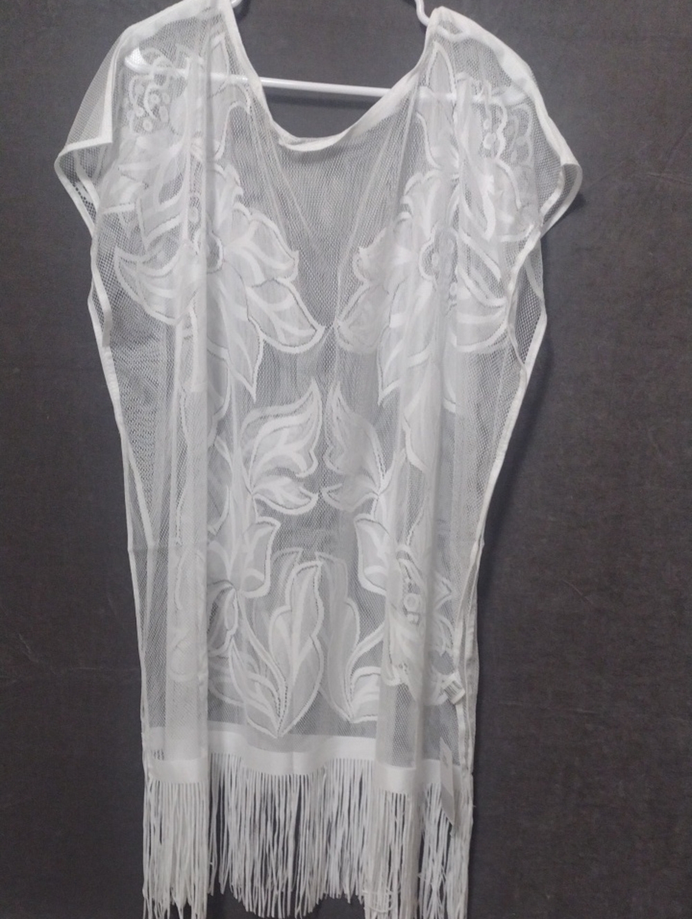 Sheer White Floral Embroidered Fringe Beach Cover-Up